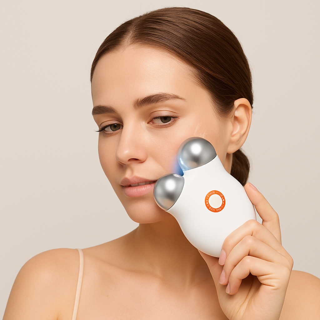 Woman using a white facial device with blue light on a beige background