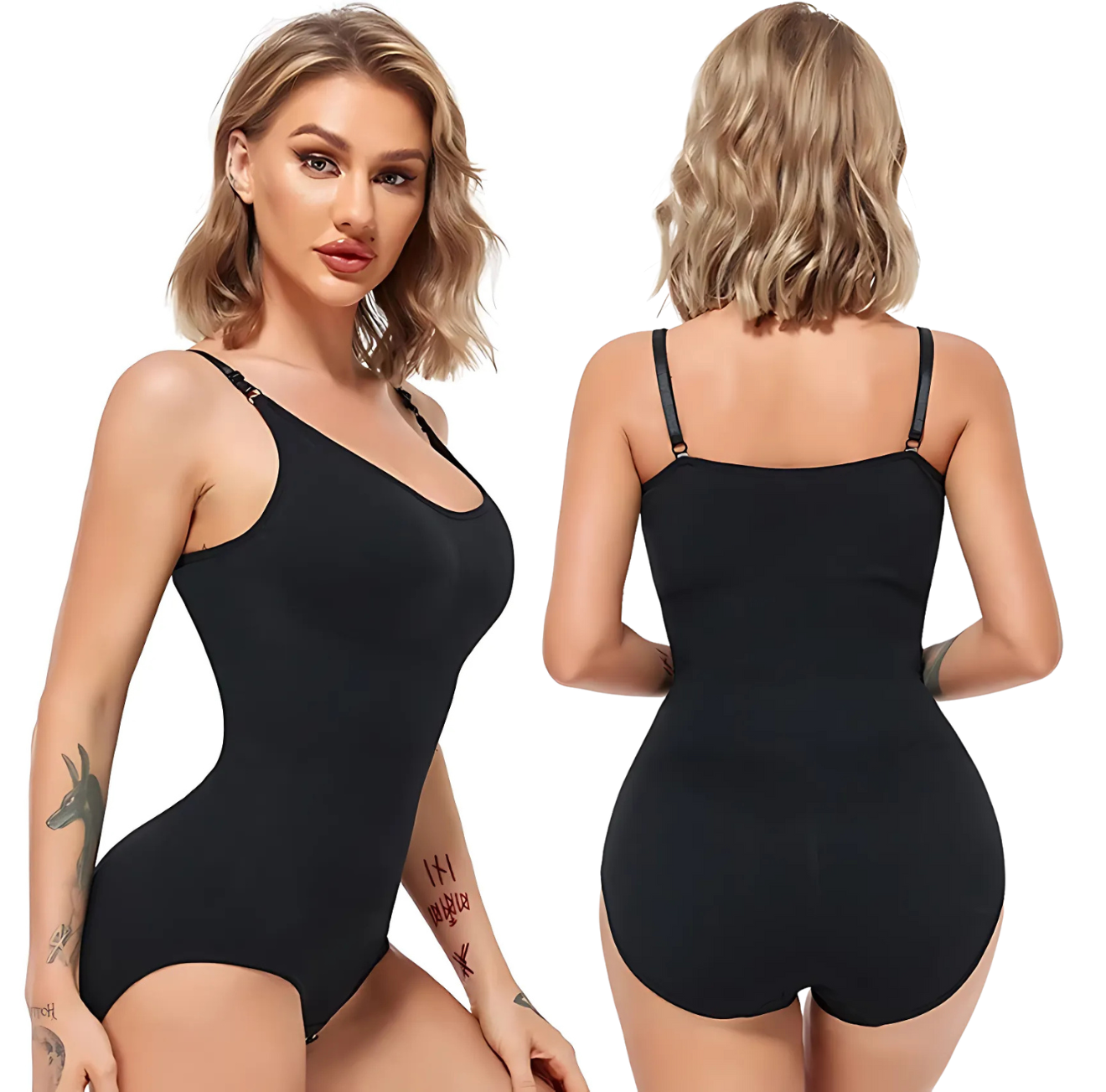 Black bodysuit inner shaper for women, front and back view, by The Infinite Shop.