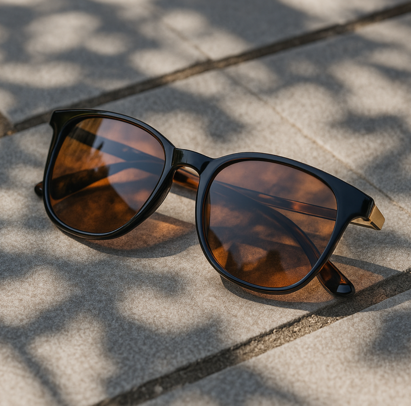 The Infinite Shop classic polarized sunglasses with black frame and brown lenses placed on stone surface in natural sunlight