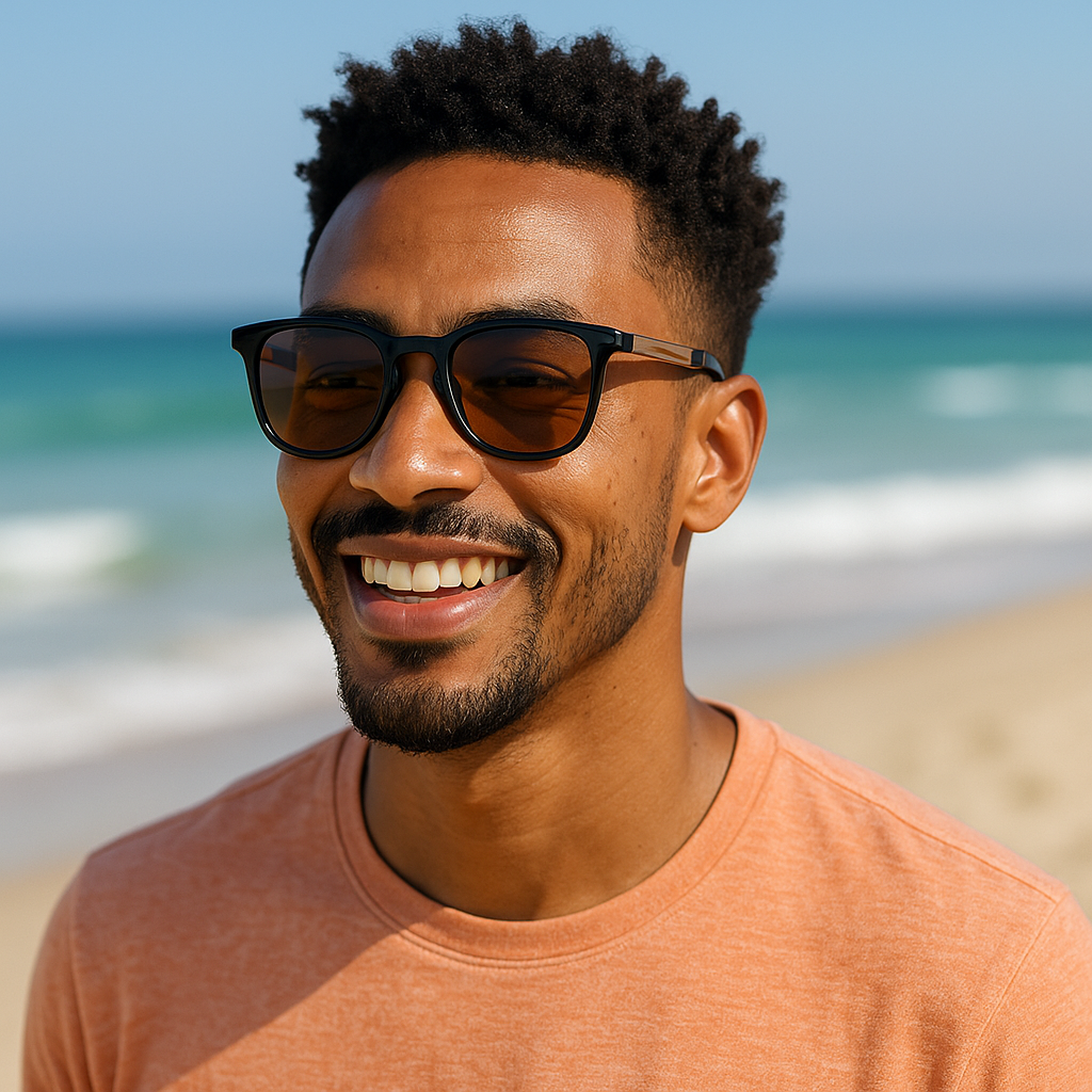 The Infinite Shop classic polarized sunglasses with black frame and brown lenses worn by a smiling man at the beach in sunny weather