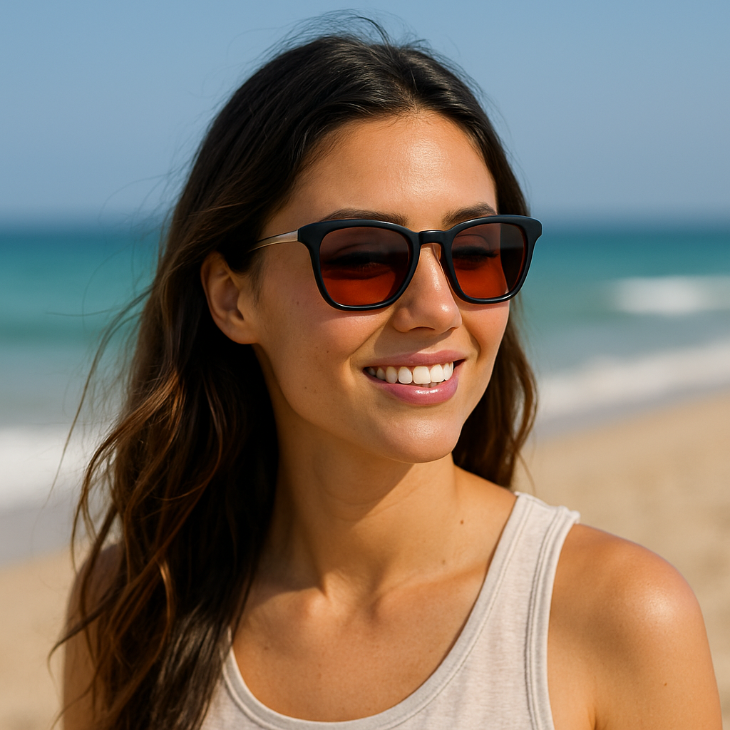 The Infinite Shop classic polarized sunglasses with black frames and brown lenses worn by a smiling woman at the beach on a sunny day