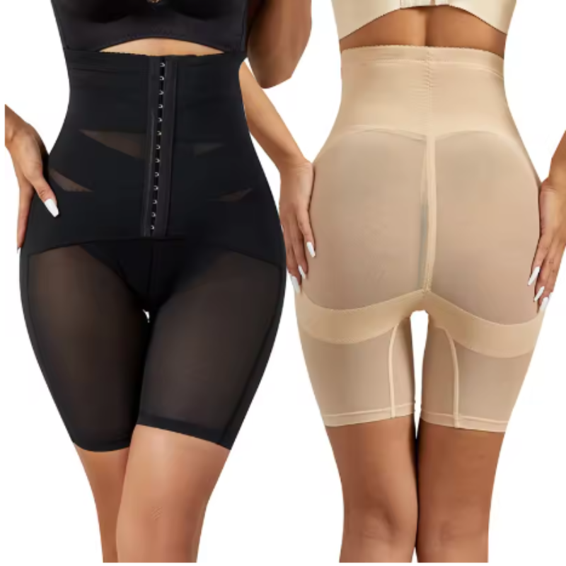 The Infinite Shop Flawless Form Shapewear in black and nude, front and back views showing high-waist tummy control, butt lift design, and thigh shaping support