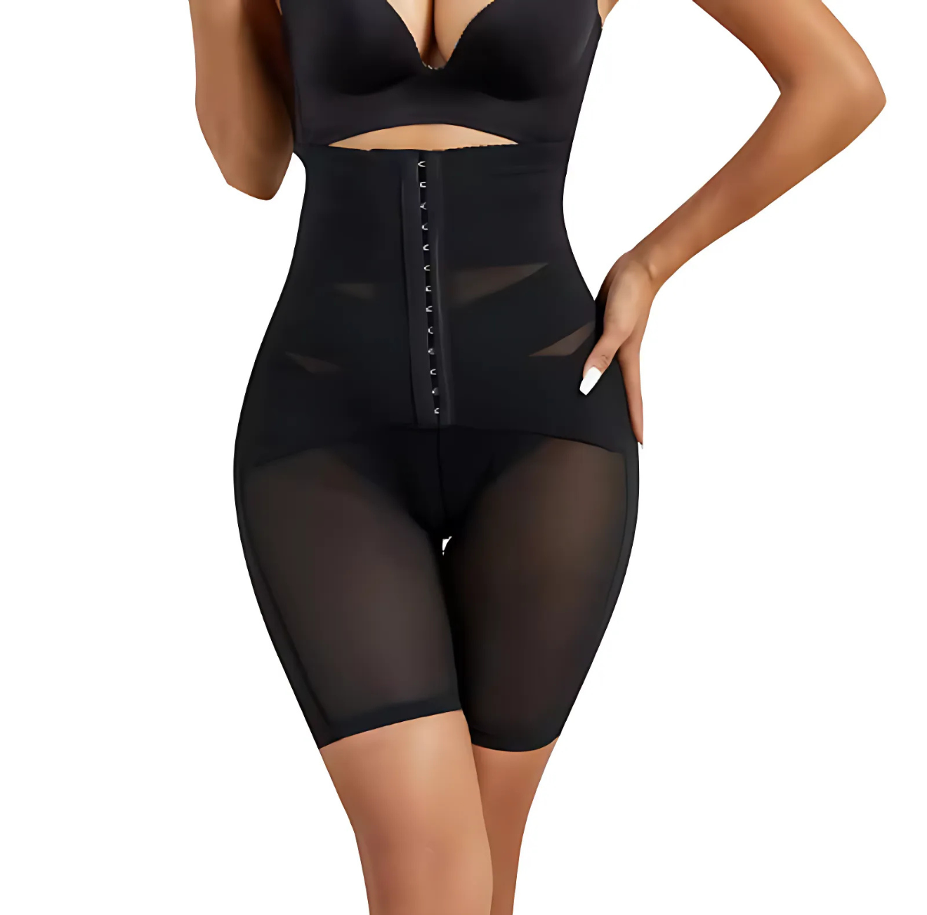 The Infinite Shop Flawless Form Shapewear in black, close-up front view highlighting high-waist tummy control, mesh thigh panels, and secure hook-and-eye closure