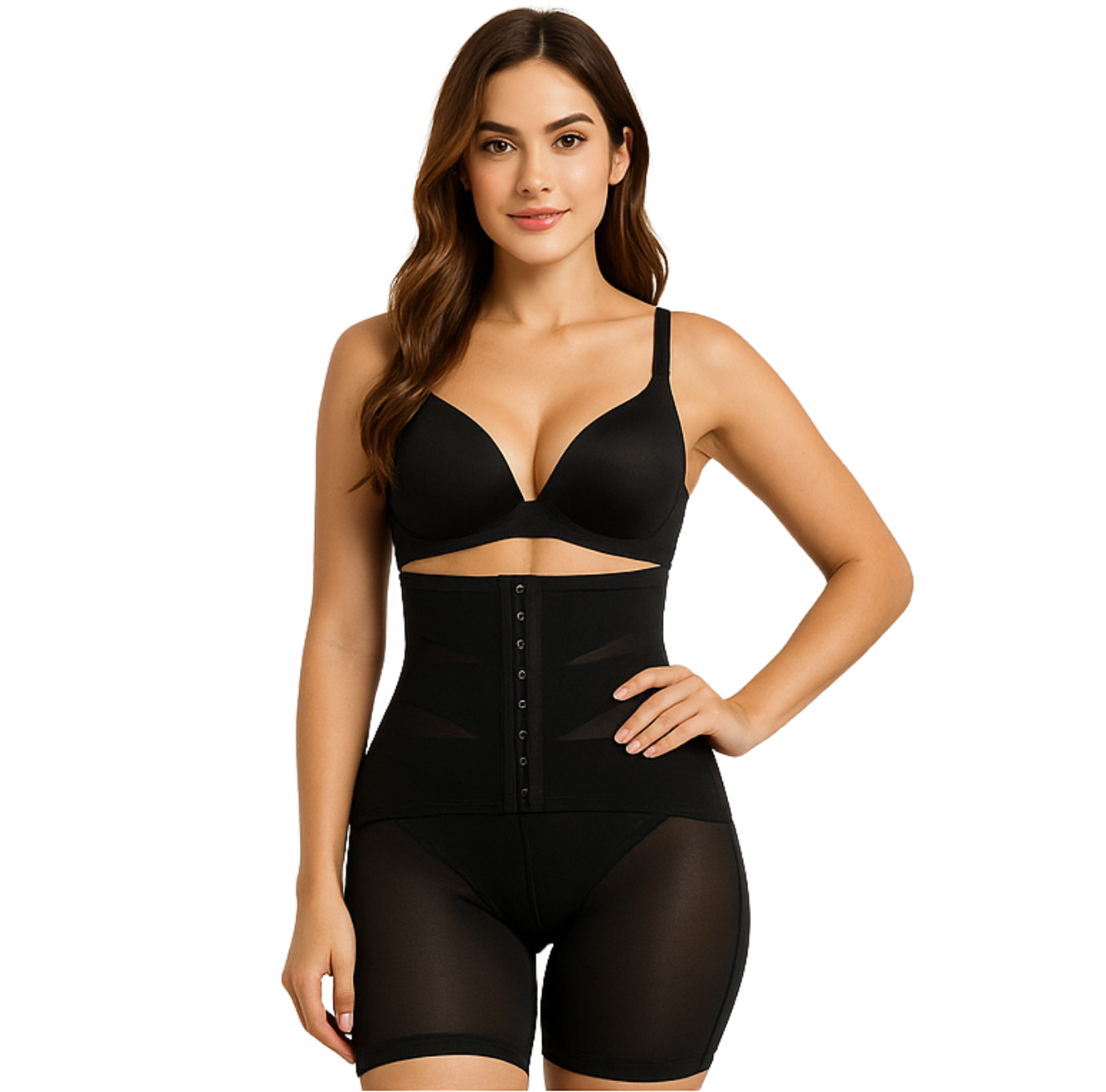 The Infinite Shop Flawless Form Shapewear in black, high-waist tummy control with thigh slimming support, modeled from front view for a sleek silhouette