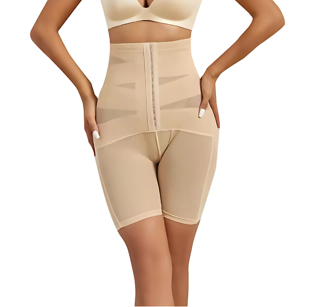 The Infinite Shop Flawless Form Shapewear in nude, close-up front view highlighting high-waist tummy control, mesh thigh panels, and secure hook-and-eye front closure