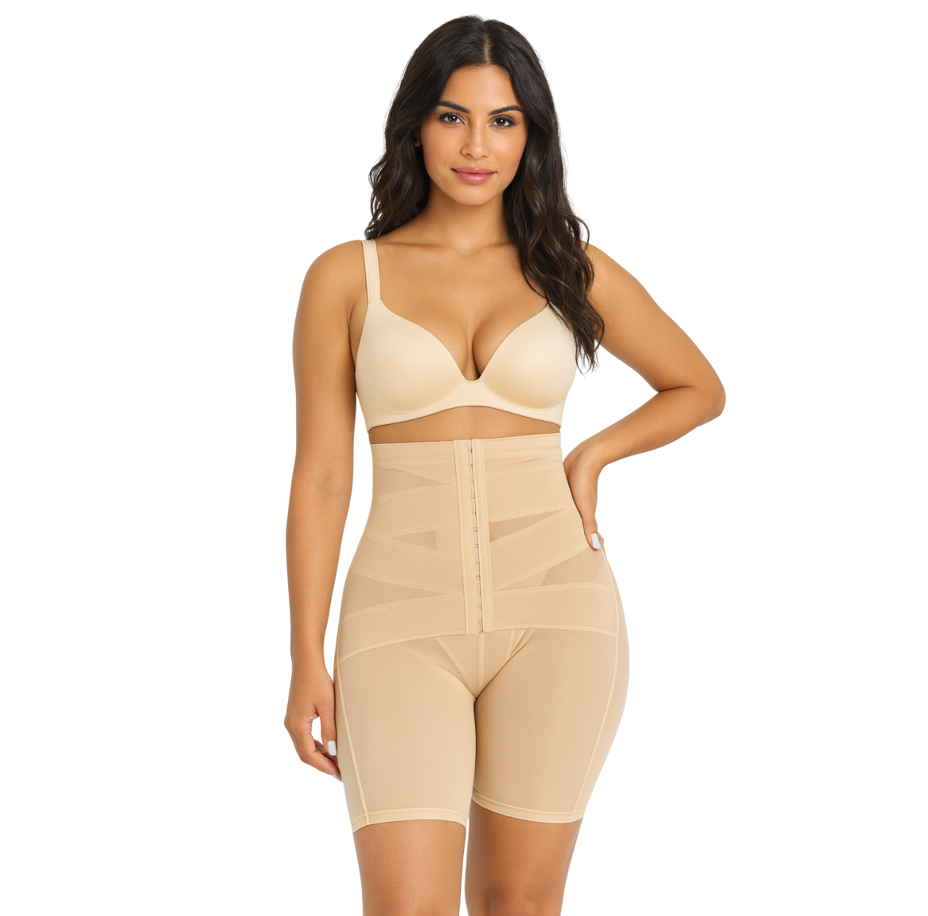 The Infinite Shop Flawless Form Shapewear in nude color providing high-waist tummy control and thigh slimming support for a smooth silhouette