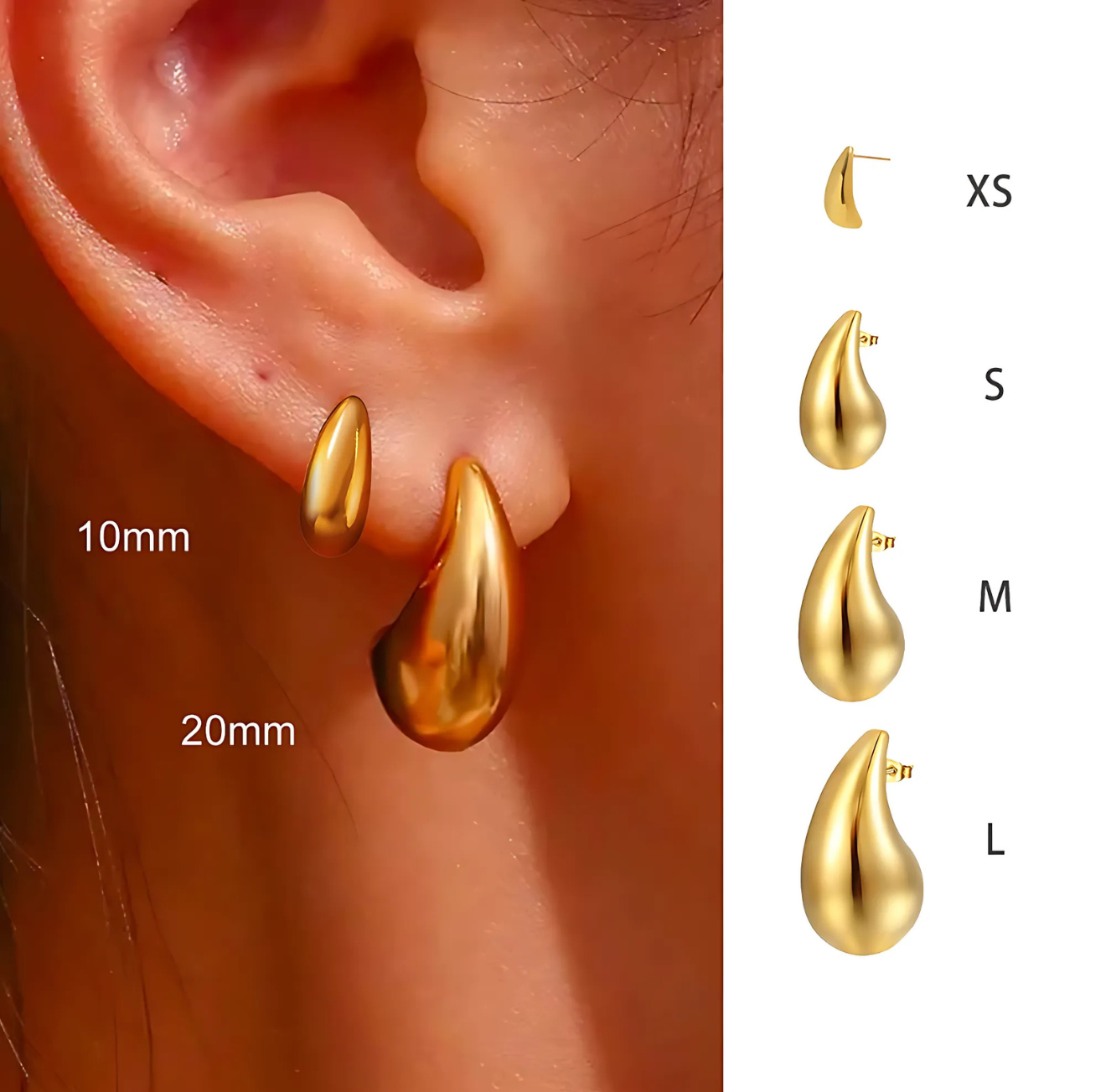 The Infinite Shop gold teardrop earrings size chart showing XS to L with 10mm and 20mm sizes on ear for visual scale comparison