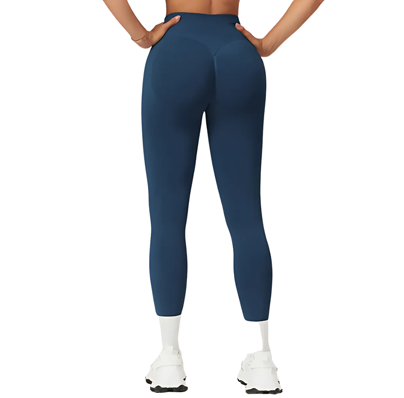 Back view of navy blue seamless high-rise yoga pants from The Infinite Shop.