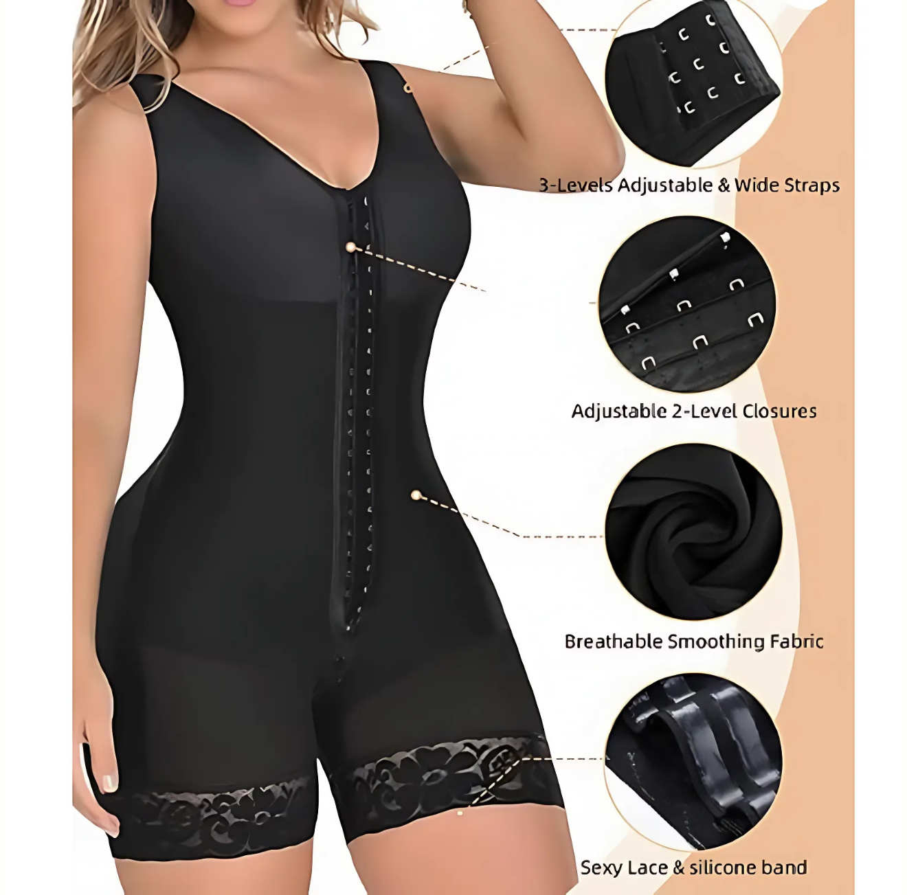 Black zip-up shapewear with adjustable straps, lace trim, and smoothing fabric by The Infinite Shop.