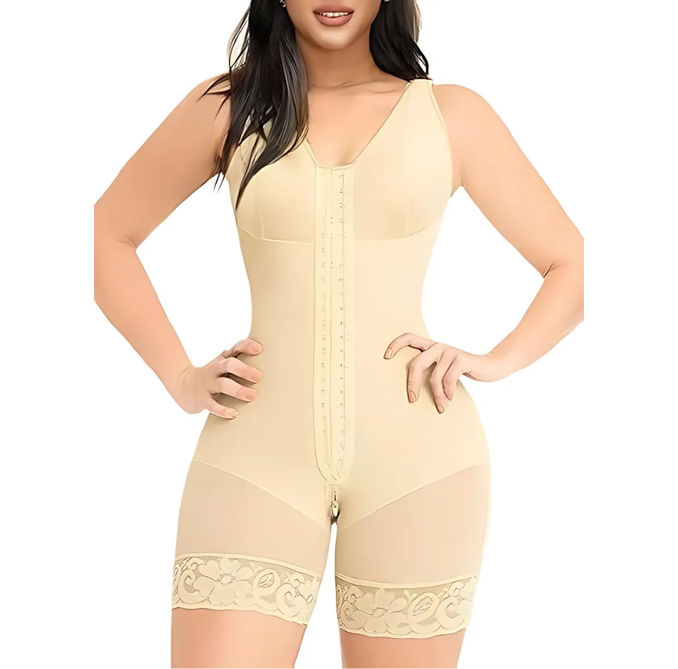 Beige zip-up full-body shapewear with lace trim by The Infinite Shop.
