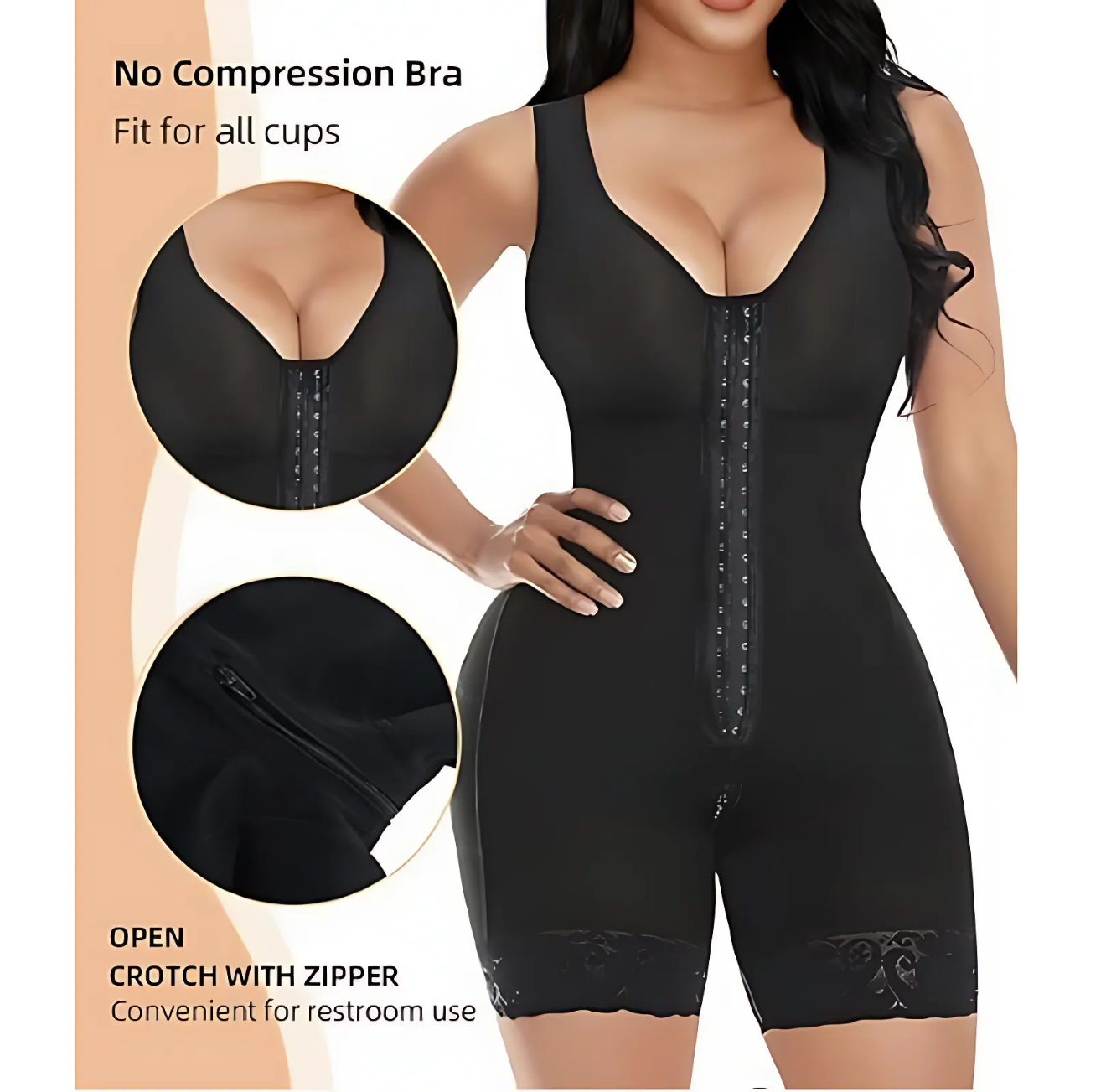 Black zip-up shapewear with open crotch and no compression bra by The Infinite Shop.
