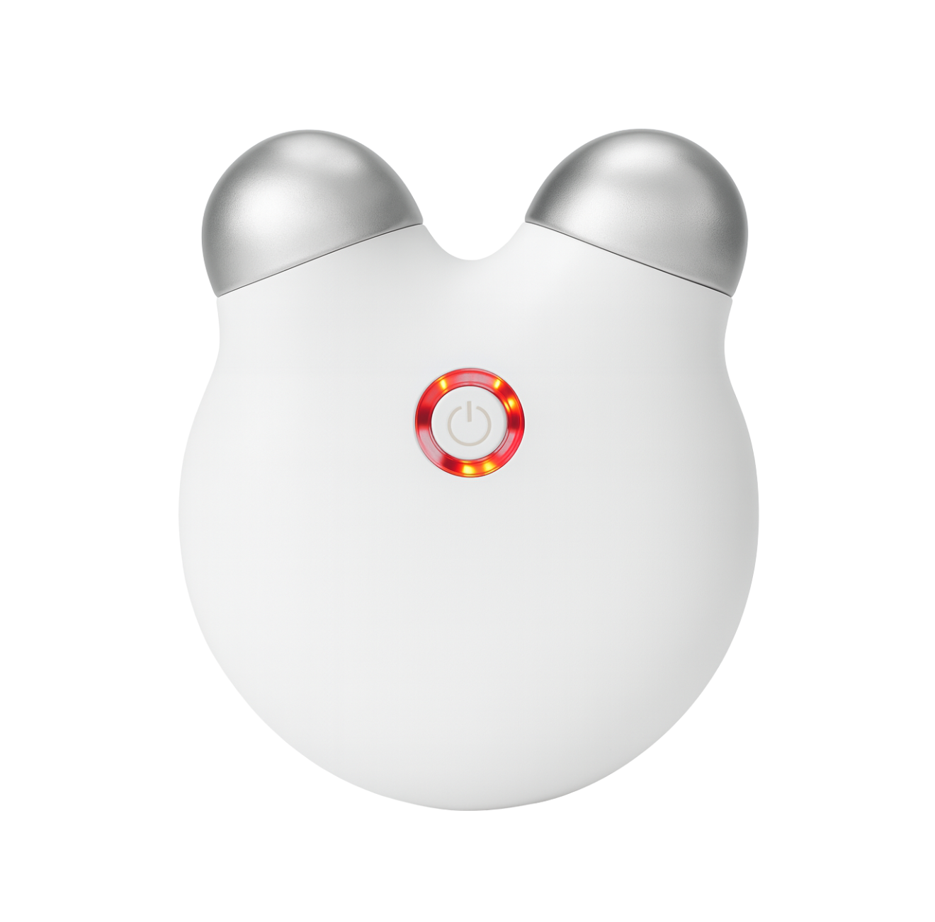 The Infinite Shop mini microcurrent facial massager with dual silver spheres and LED power button.