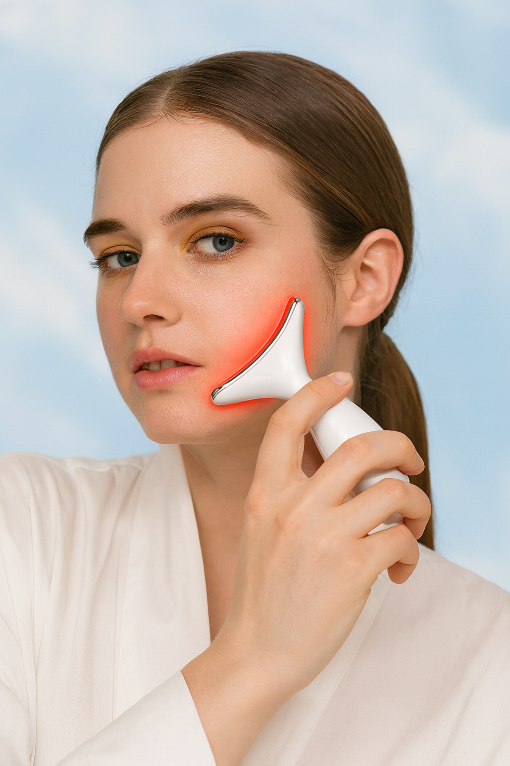 Woman using LED skin therapy device by The Infinite Shop