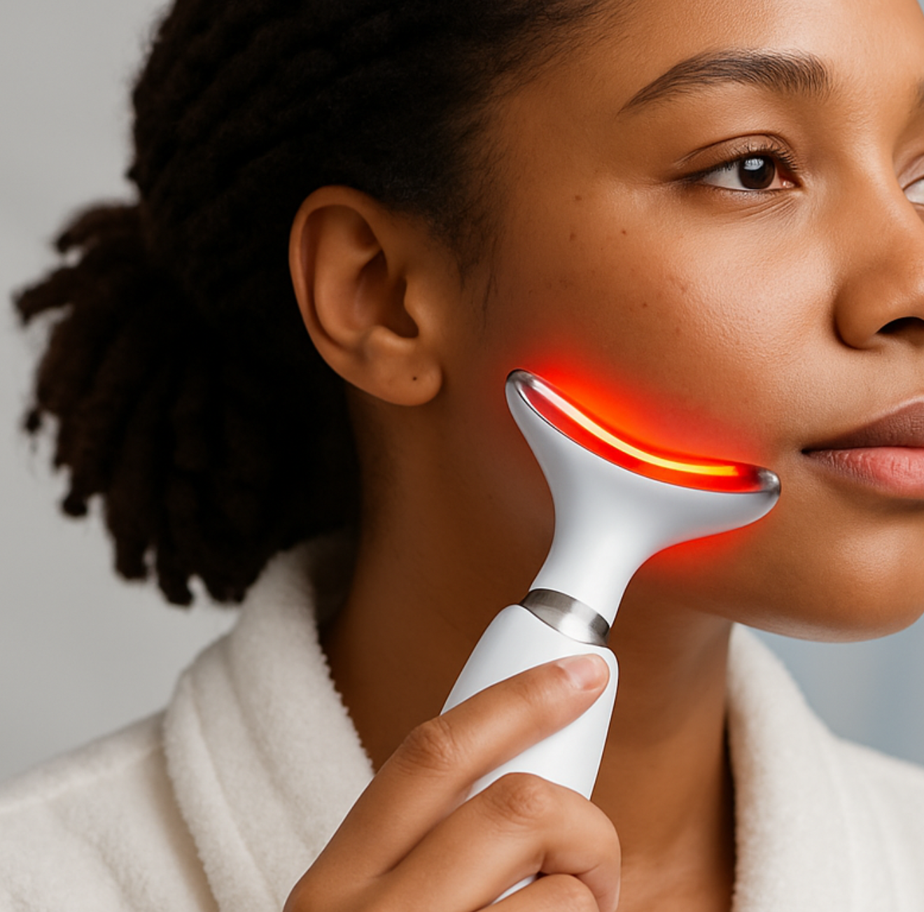 Woman using LED skin therapy device with red light by The Infinite Shop