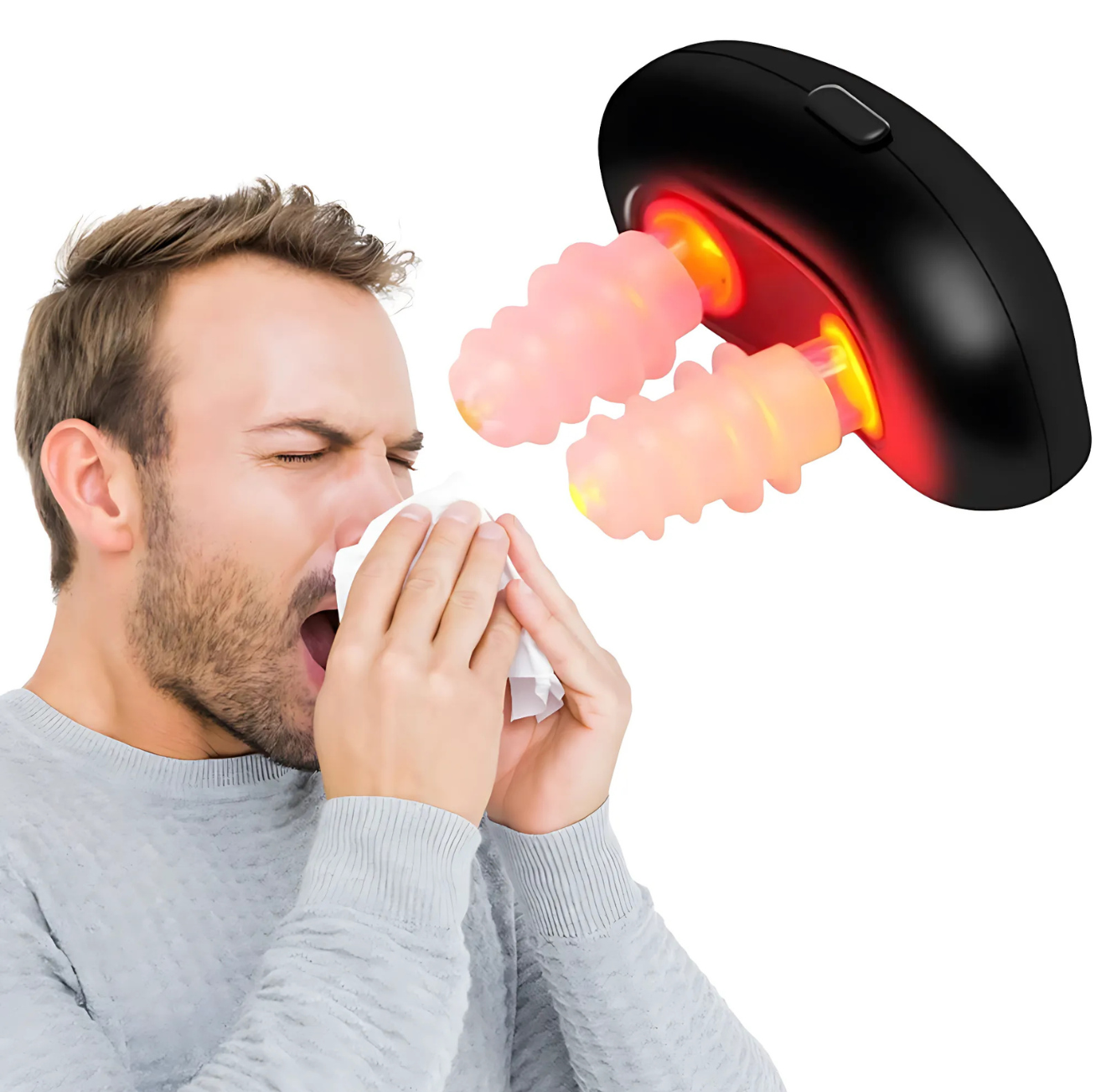 Man sneezing while using The Infinite Shop nasal therapy device with red light technology for allergy and sinus relief