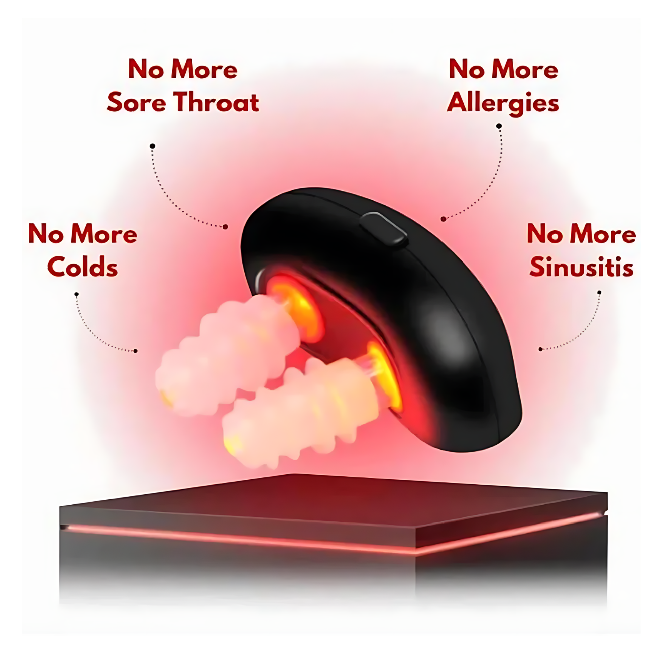 The Infinite Shop nasal therapy device with red light treatment and dual silicone tips, designed for sinus relief, allergy reduction, and cold prevention