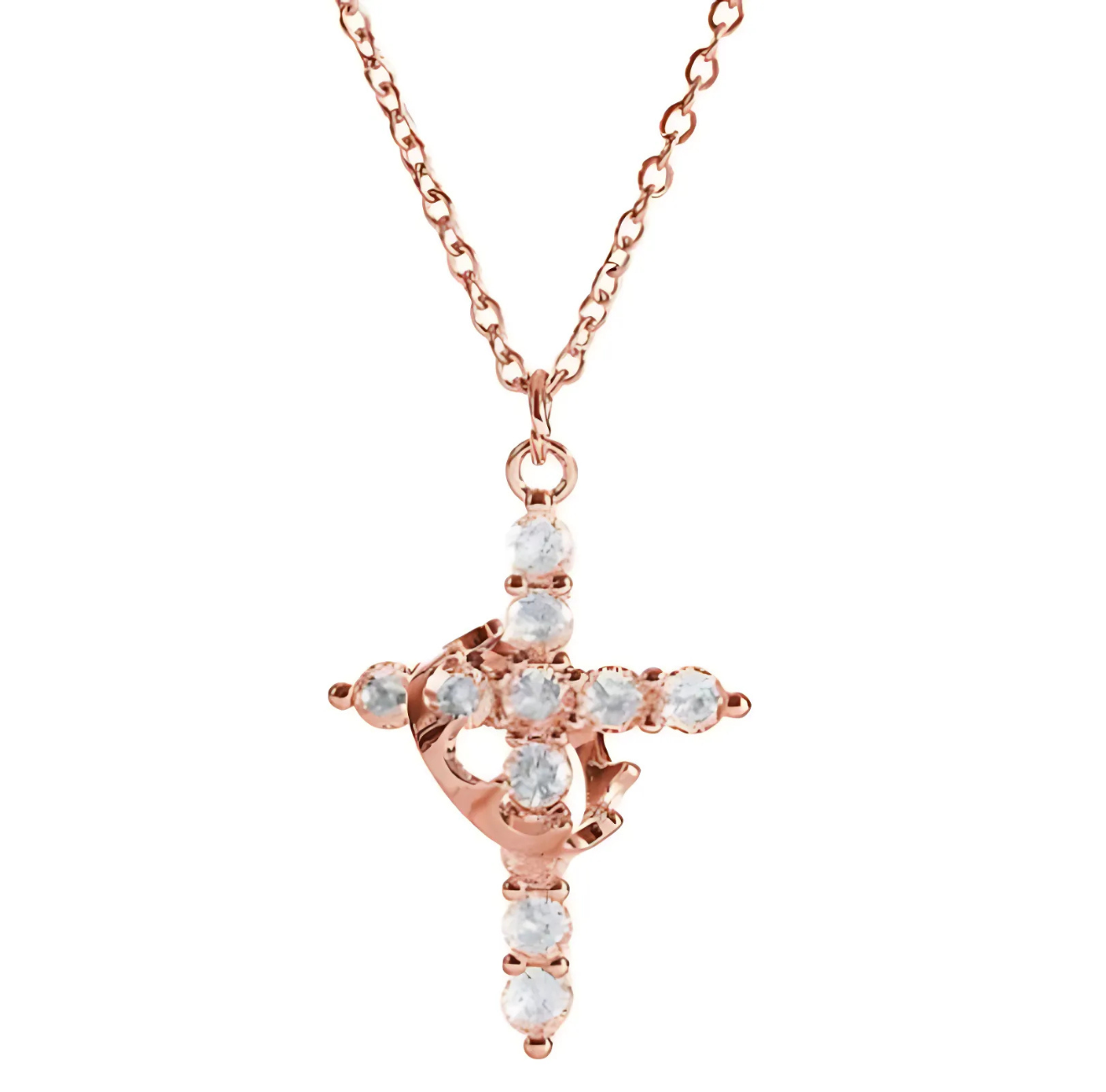Close-up of rose gold rotatable crown cross necklace by The Infinite Shop