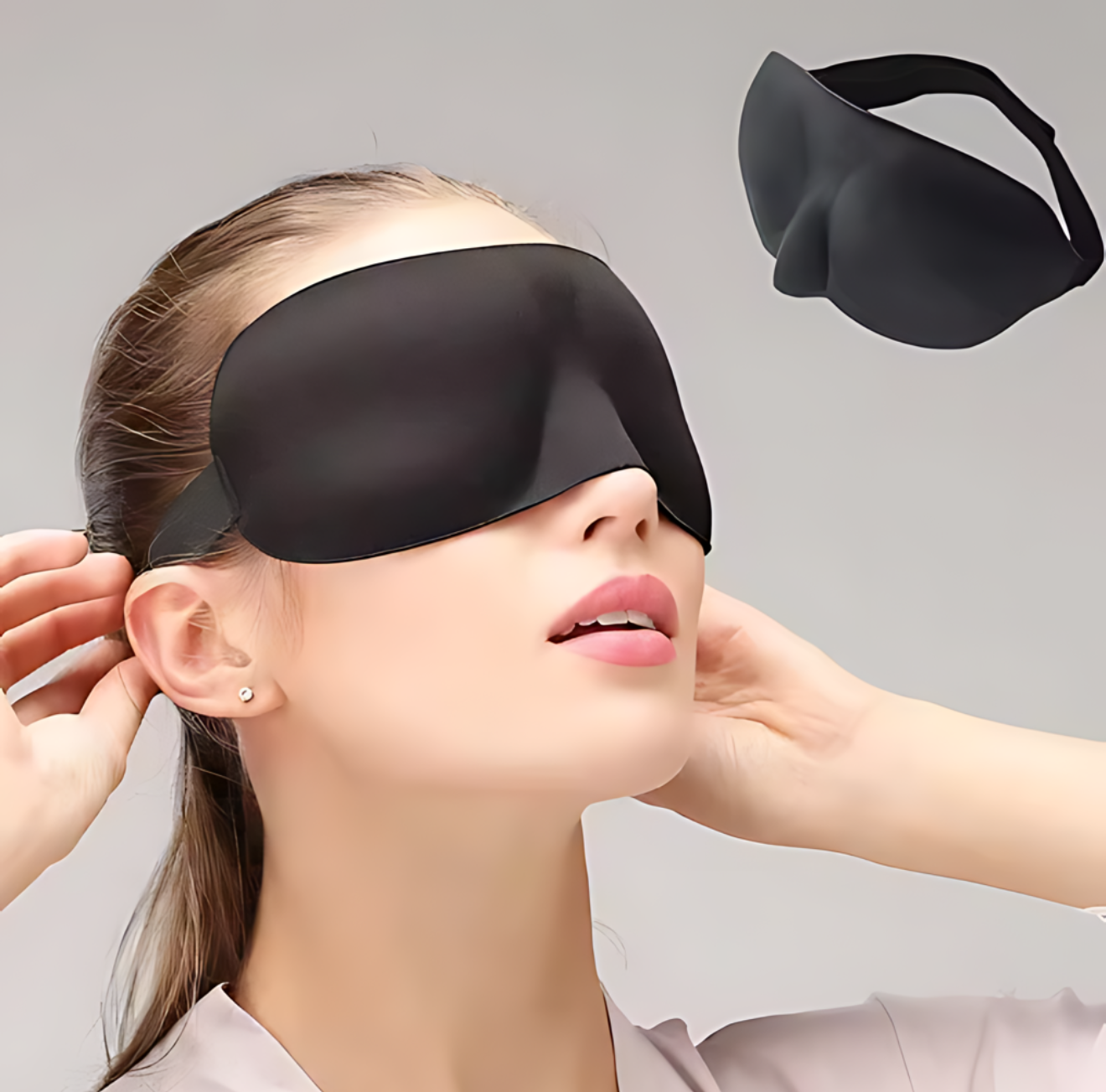 Black sleep mask being worn by a woman with an inset showing the mask from a different angle on a gray background.