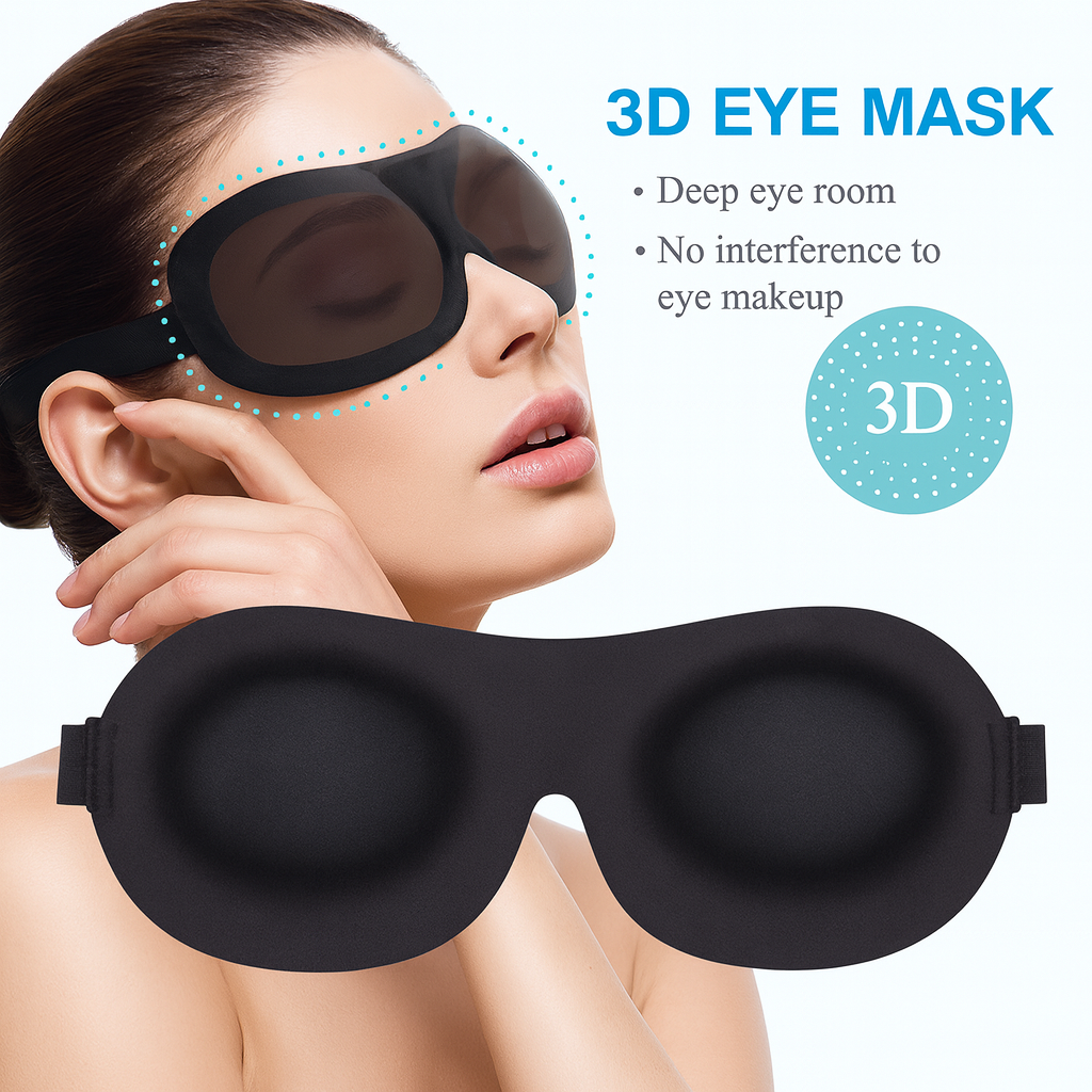 Black 3D eye mask with a woman wearing it, on a white background