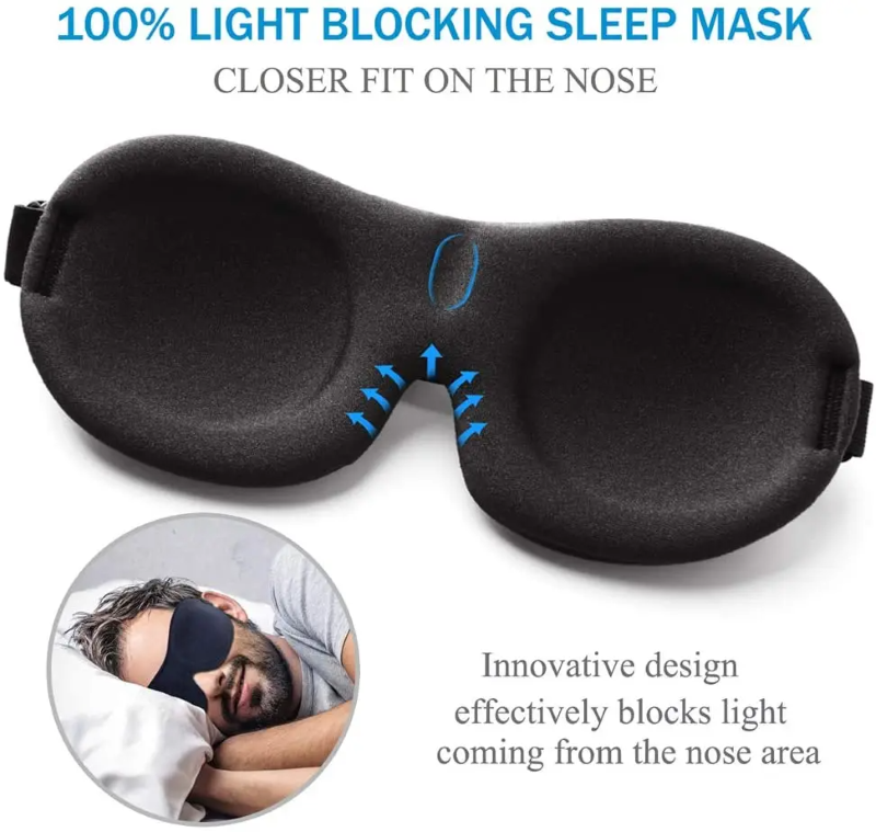 Black sleep mask with text highlighting its light-blocking feature on a white background