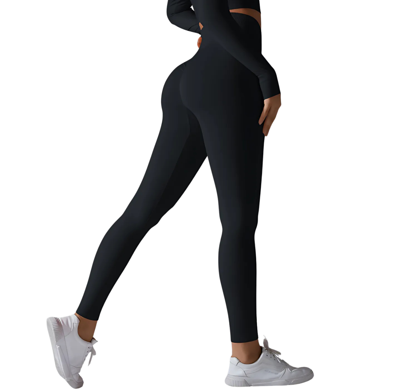 Side view of black seamless high-rise yoga pants from The Infinite Shop.